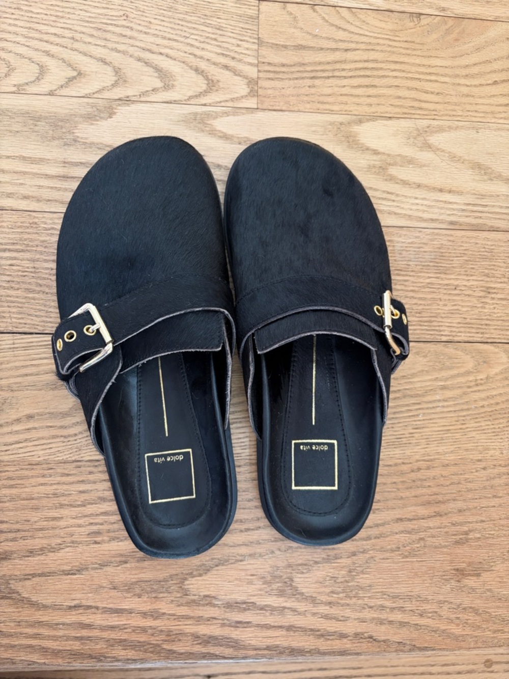 Brand new Dolce Vita Black Calfhair Slip-On Mules with Gold Buckles